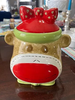 Girl Sock Monkey Polka Dot Earthenware Ceramic Cookie Jar W/Lid Real Home Brand • $19.99