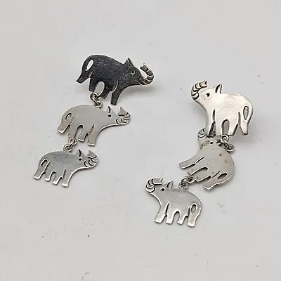 Vtg Sterling Silver Elephant Family Dangle Drop Earrings Taxco Mexico Figural • $34.99