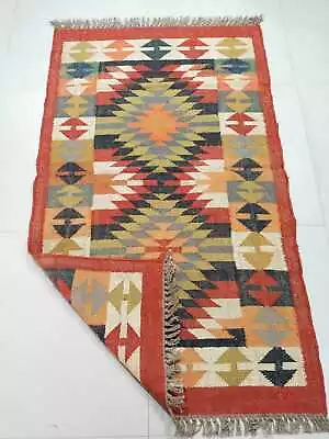 Rug Indian Handmade Vintage Wool Jute Kilim Rug Rectangle Reversible Area Rugs • $116.88