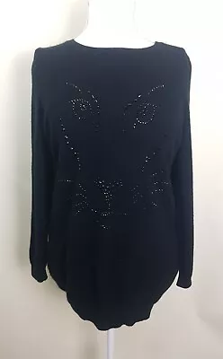 M&S 100% Cashmere Black Jumper With Big Cat Diamante Image Size 14 • £4.99