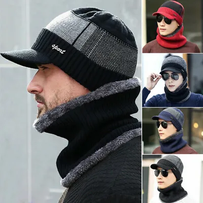 Men Winter Warm Hat Knit Visor Beanie Fleece Lined Billed Beanie With Brim Caps • $9.99