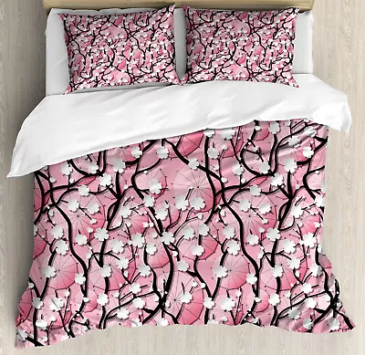 Pink Duvet Cover Set With Pillow Shams Sakura Tree Umbrellas Print • $89.99