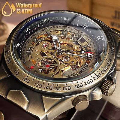 Luxury Men's Automatic Mechanical Wrist Watch Leather Strap Retro Skeleton Dial • $22.48