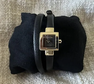 PANDORA Black Leather Wrap WATCH Swiss PETITE SQUARE Excellent Condition • $130