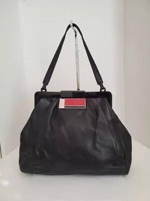 Large Alfani Vintage Mod Design Black Leather Lucite Closure Shoulder Purse • $23