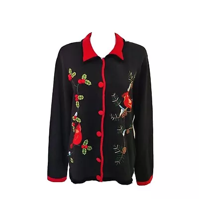 Vintage Bobbie Bell Embroidered Cardinals Christmas Cardigan Sweater Large EUC • $34