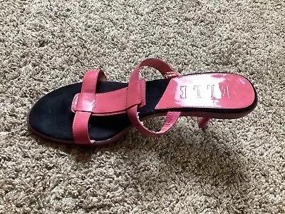 Elle Sandals 7 M Pink Womens Patent Leather Slip On 2.5 Inch Heel Open Toe • $15