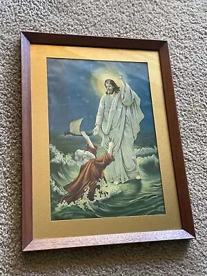Antique Vintage Jesus Calms The Sea St. Peter Wood Picture Frame 13x18  • $20