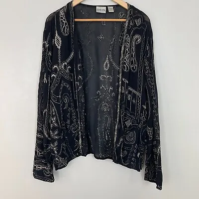 Vintage Chico's Jacket 2 Women's Large Black Beige Embroidered Sheer Lightweight • $17