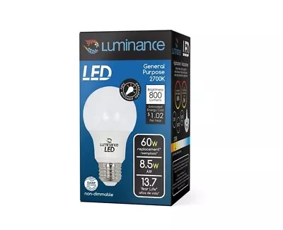 Luminance LED A19 Light Bulb A19 8.5W 2700K 800LM 60-Watt 2-Pack L7591-3 • $12.99