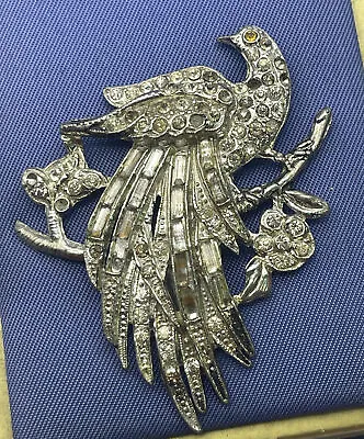 $20 • Buy Vintage Brooch Pin Heavy Rhinestone Silver Tone Peacock Bird