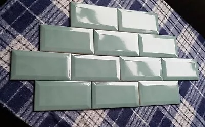 12 PRETTY PALE JADE GREEN METRO BEVELLED EDGE CERAMIC WALL TILES - 7.5cm X 15cm • £7.94