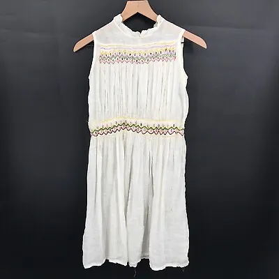 Vintage Smocked Mini Dress Sleeveless White Embroidered Boho Sheer Lightweight S • $31.50