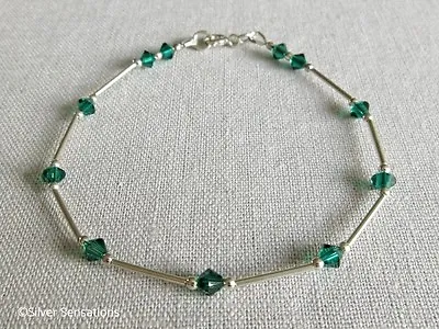 Emerald Green Swarovski Crystals & Sterling Silver Tubes Handmade Bracelet • £21