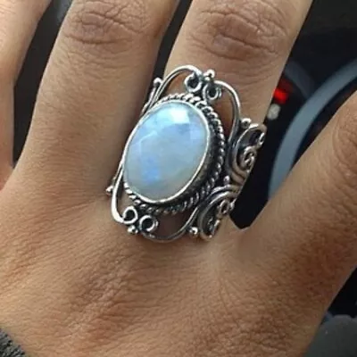 Large Vintage Boho Zircon Marquise Moonstone Personalized Ring Jewelry Size 10 • $0.01