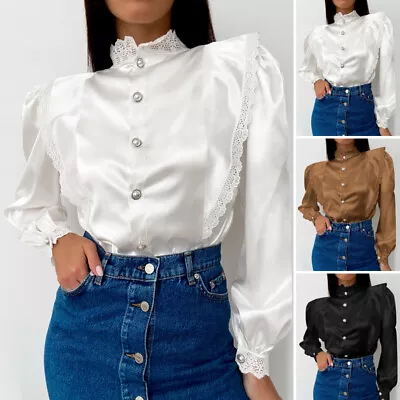 ZANZEA Women Long Sleeve Button Down Shirts Satin Party Gown Tops Lace Up Blouse • $32.32