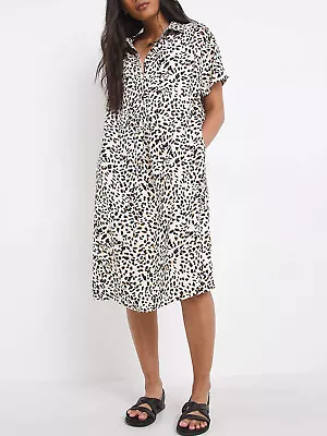 JD Williams Shirt Dress IVORY Animal Print Relaxed Collar Size 10 16 20 32 • £21.99