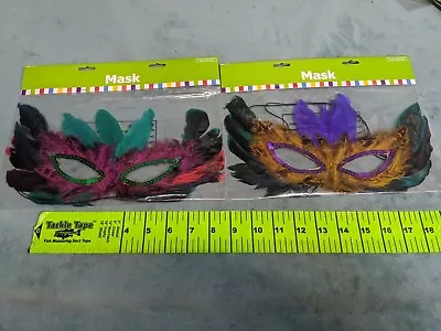 Lot Of 2 Decorative Mardi Gras Eye Masks Ribbon Feathers Green Party Costume • $12.99