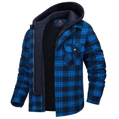 Plaid Flannel Hoodie Jacket Mens Quilted Lined Zip Up 5 Pocket Casual Warm Shirt • $61.98