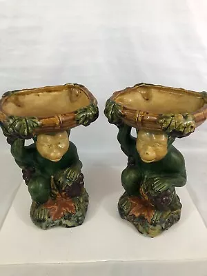 Set 2 Monkey  Majolica Pottery Chimpanzee Pedestal Compote Dish Bowl Basket • $199