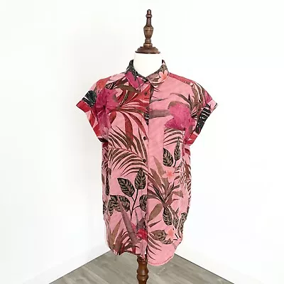 Desigual Women’s Floral Shirt Button Up Short Sleeve Pink Tropical Top Size S • $39.95