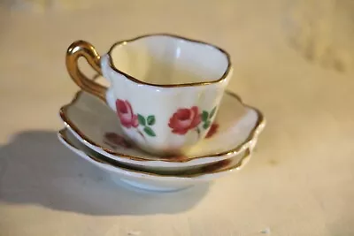 Vintage Sandford Fine Bone China Enland Miniature Tea Cup 2 Saucers Red Roses • $10