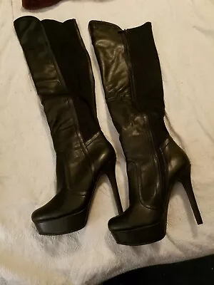 Vintage Shii Thigh High Black Side Zip Platform Boots 5  Heel Size 9 • $30
