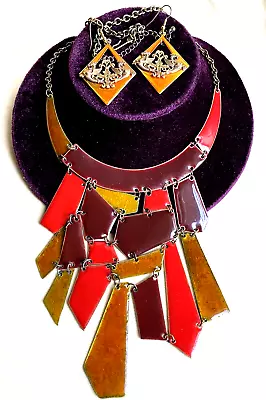 Whimsical MEGHAN FABULOUS  Retro 70s PATCHWORK Puzzle BIB Necklace & Earrings • $29.99