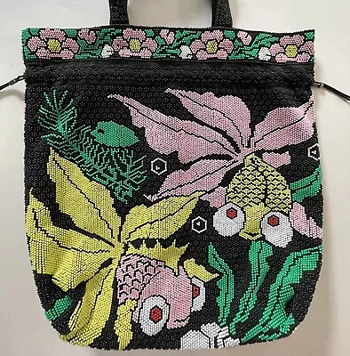 Vintage Beaded Tropical Fish Bag Drawstring Satchel Purse Black Pink Green 80’s • $44.99