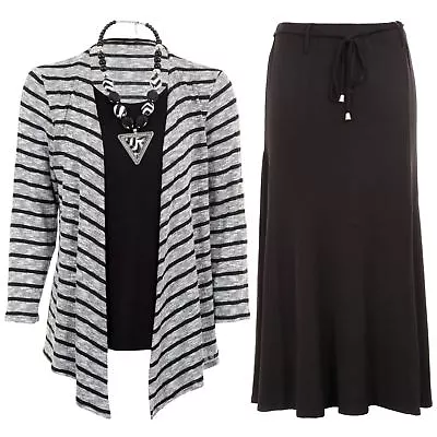 Ladies Long Sleeve Stripe Knitted Waterfall Cardi Top Lined Flare Skirt 2 Piece • £19.99