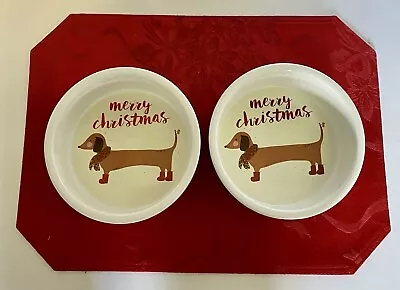 Set Of 2 THL Dachshund Puppy Dog Christmas Red & Black Plaid Food & Water Dish • $25