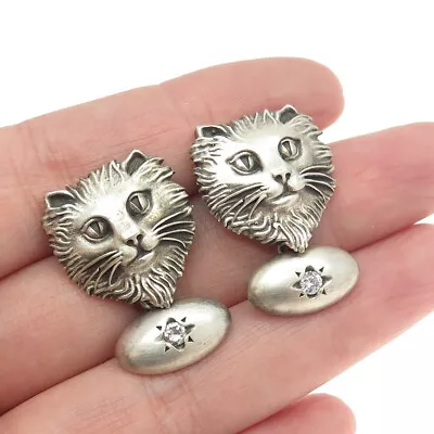 925 Sterling Silver Vintage Real Round-Cut Diamond Persian Cat Cufflinks • $139.95