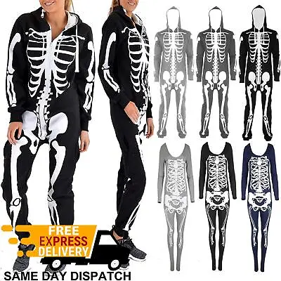 Womens Ladies Halloween Skeleton Hooded Costume Scary Zip Up All In One Jumpsuit • £16.49