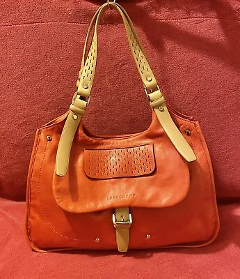 Longchamp Balzane Roots Leather Shoulder Tote Bag  In Vermillion Orange  RARE • $179.99