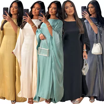Women Muslim Maxi Dress Satin Abaya Kaftan Long Robes Ramadna Caftan Dubai Gown • £28.60