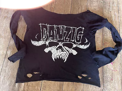 Danzig Black Crop Tops T Shirt Distressed New ￼ Woman’s Size Xs Deep Crow Neck • £24.11