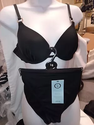   M&S  Underwired Padded Plunge Bikini  Top   38DD& 16 Brazilian Bottom Black  • £13.99