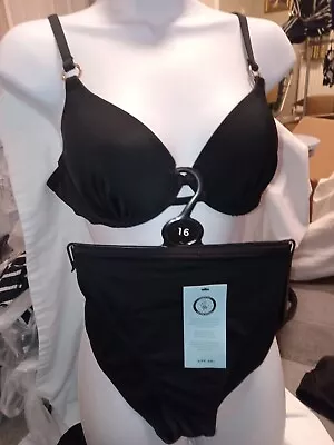   M&S  Underwired Padded Plunge Bikini  Top   38E & 16  Brazilian Bottom Black  • £12.99