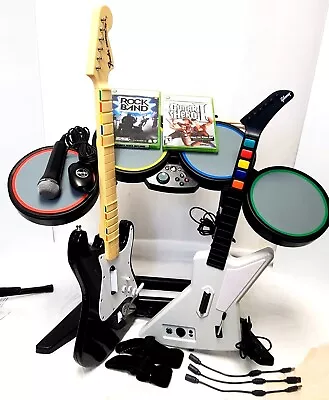 Xbox 360 Rock Band USB WIRED Bundle*Drums*Fender Strat & X-Plorer*RB Mic*RB Game • $420