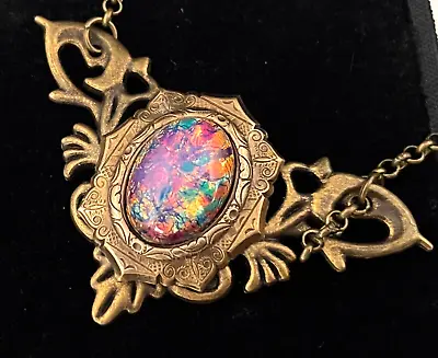 Vintage Necklace Antique Czech Glass Opal Victorian Revival Filigree Pendant • $29