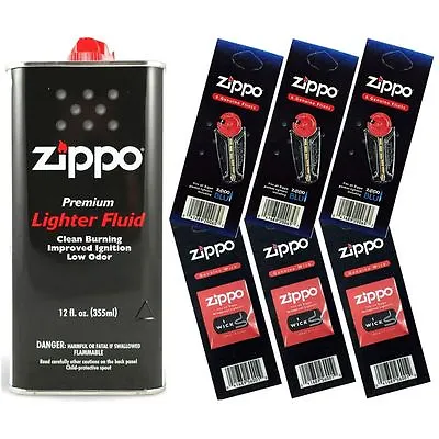 Zippo Lighter Fluid Fuel 12oz & 6 Value Pack (18 Flints + 3 Wick) Gift Set Combo • $15.99