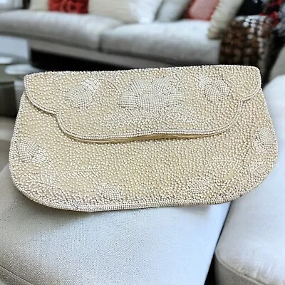 Magid Beaded Clutch Bag Women's Ivory Cream Beaded Lined Floral Formal Prom VTG • $5.88