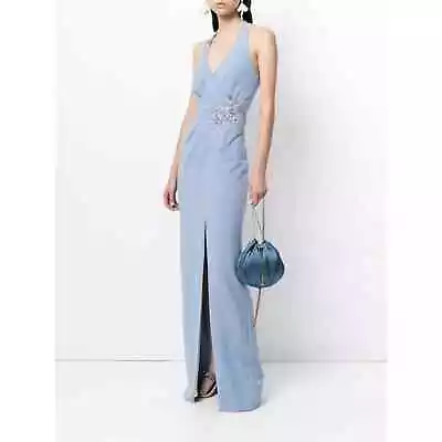 NWT Marchesa Notte Gown Halter V-Neck Embellished Column Blue US10 $796 Retail • $125