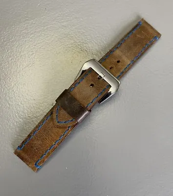 Handmade Watch Strap 24mm For Panerai Tan With Blue Stitch Fishtail Steel Buckle • £23