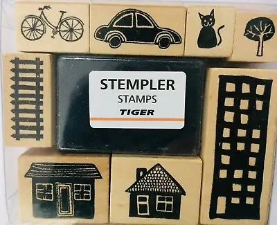 WOODEN INK STAMP SET X8 Black Ink Pad CAR CAT HOUSE TREE BIKE Block Print Craft • £3.99