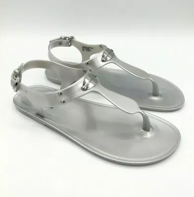 MICHAEL KORS PLATE FLAT THONG JELLY SILVER SANDALS Sizes 7 8 10 NEW • $39