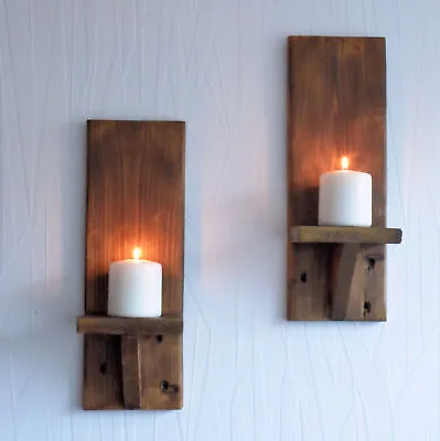 Reclaimed Pair Of 38cm Rustic Wood Wall Sconce Led Candle Holders 38cm • £22.68