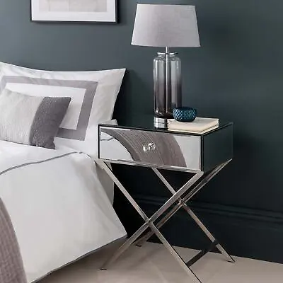 Glass Mirrored 1 Drawer Cross Legged Bedside Table - Contemporary Design • £129.99