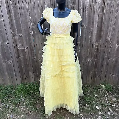 Vintage 70's Nadine Dress Womens Yellow Formal Daisys Tiered Ruffle Flocked • $99