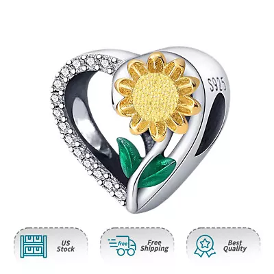 NWT Sunflower Heart Charm Authentic 925 Sterling Silver Bracelet Necklace Charm • $14.92